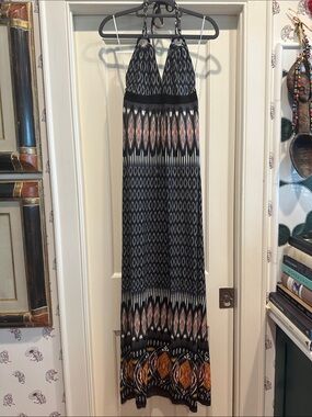 Halter Maxi Dress in Black and Rust-Orange